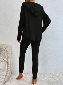 SHEIN Cottnline Cotton Ribbed Knit Drawstring Hooded Tee & Leggings - Black - View 2