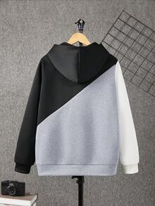 SHEIN Sudadera holgada, cómoda y versátil con estampado gráfico y parches de colores contrastantes para adolescentes - Gris - Ver 2