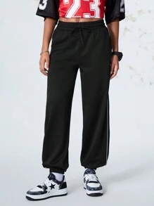 SHEIN Sports 女士撞色条纹前系带休闲运动裤 - 黑色 - 查看 7