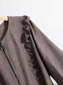 Mulvari Plus Size Casual Solid Color Ruffle Hem Front Zipper Jacket, Autumn - Grey - View 4