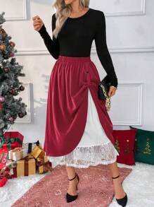 SHEIN Clasi 女款純色拼接百褶極簡風裙，休閒日常穿著 - 紅色 - 查看 5