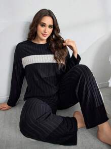 SHEIN 2-teiliges Set in Große Größen, personalisierter Farbspleiß, gebürsteter Fleece Trainingsanzug, Herbst-Winter Kleidung, gemütlicher Outfit, flauschiger Schlafanzug - Schwarz - Übersicht 4
