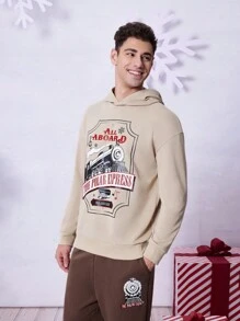 THE POLAR EXPRESS X SHEIN Men Graphic Print Hoodie & Pants Set, For Christmas - Khaki - View 7
