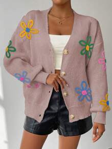 SHEIN LUNE Women Casual Floral Pattern Front Button Cardigan, Suitable For Autumn And Winter - Khaki - View 3