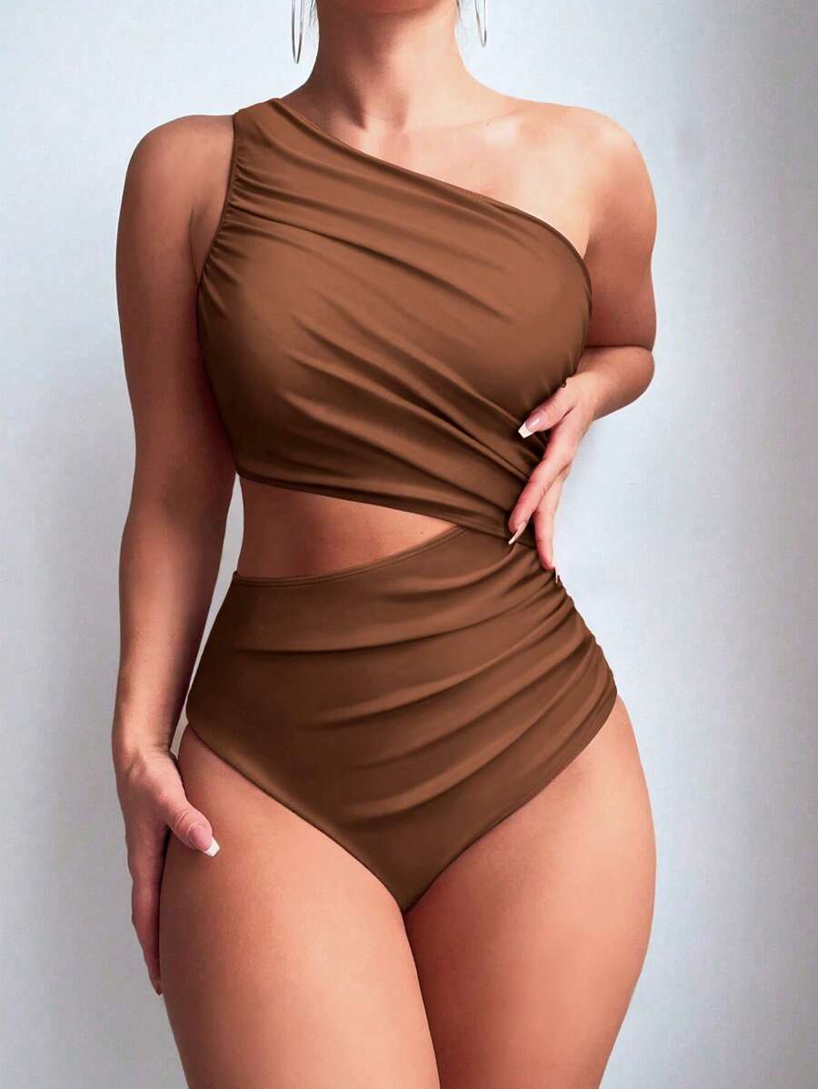 SHEIN Swim 女式纯色连体泳衣,腰部镂空和褶饰细节,紧身款式夏季 - 棕色 - 查看 1