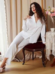Côtesoire Blouse met zak aan de voorkant en broek PJ-set / pyjamaset Witte set Vakantieseizoen, vakantie