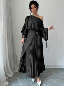 Chiquease 1 pièce Robe longue plissée à taille cintrée, avec col oblique, manches longues et ourlet noué pour femmes - Noir - Voir 4