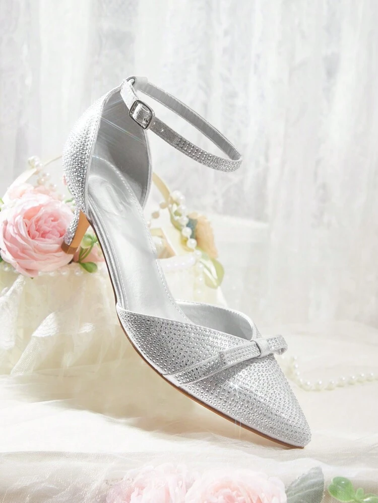 CUCCOO HITCHD Women's Pointed Toe Rhinestone Bow Decor Mid-Heel Pumps, Elegant Glamorous Silver Glitter Hollow-Out High Heels, Suitable For Wedding, Party, Bride And Bridesmaid