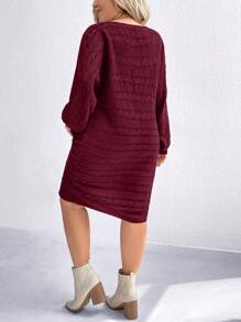SHEIN LUNE Plus Size Twist Floral Patterned Wine Red Batwing Sleeve Sweater Dress, Casual Autumn/Winter - Burgundy - View 2
