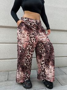 Flirla Pantalon ample à jambe large imprimé léopard pour grande taille - Multicolore - Voir 7