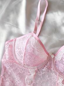 3 piezas Camisón romántico de encaje con parches y lazo floral sexy para mujer, en rosado y blanco