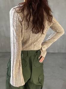FRIFUL Women Casual Solid Color Ribbed Twist Collar Loose Long Sleeve T-Shirt, For Spring & Autumn Summer