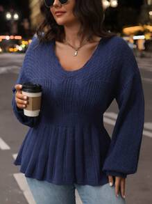 SHEIN LUNE Plus Size Women's Solid Color V-Neck Long Sleeve Ruffled Hem Casual Pullover Sweater Knit Pullover Fall Winter - Navy Blue - View 6