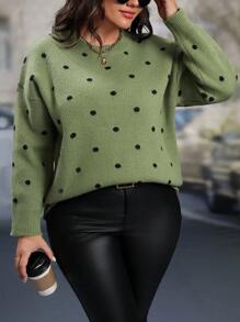 SHEIN LUNE 大码女式休闲波点图案落肩毛衣，秋冬针织套头衫 - 綠色 - 查看 3
