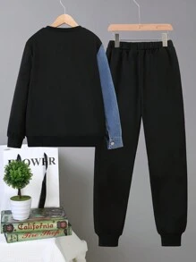 SHEIN 2 件套青少年男孩休闲牛仔拼布运动衫和运动裤，时尚流行街头风格时尚牛仔套装 - 彩色 - 查看 2