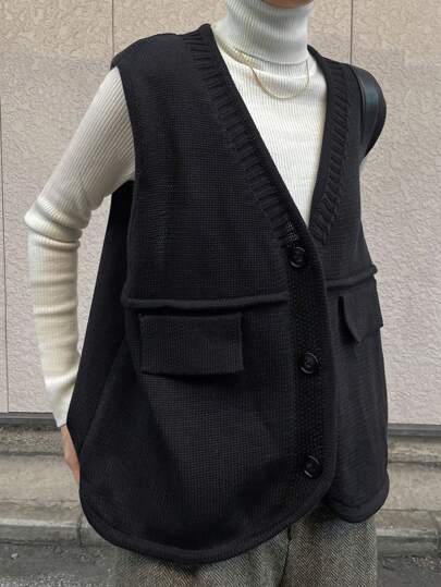 FRIFUL 女士纯色单排扣宽松休闲针织毛衣背心，秋冬