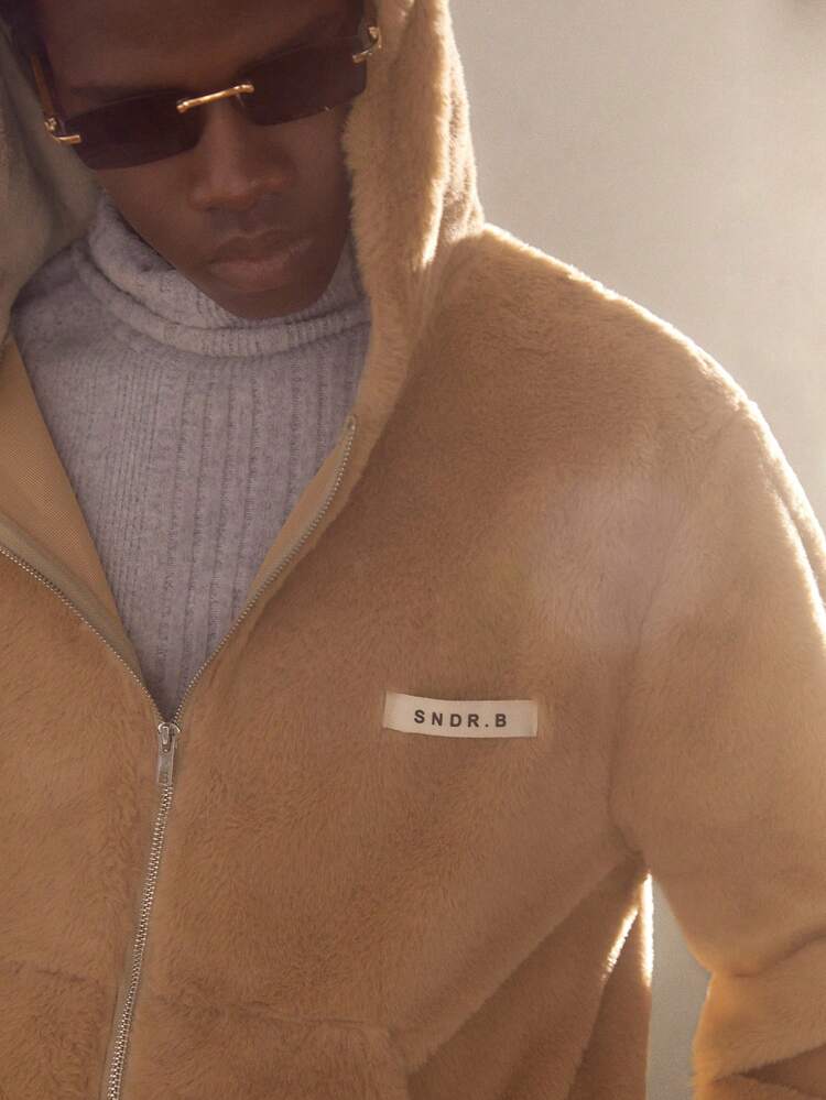 Men's Loose Knitted Raglan Long Sleeve Short Zip-Up Hooded Jacket With Pockets, Casual Khaki, Suitable For Autumn/Winter, Daily Wear, Letter Decor, Contrast Color Rib