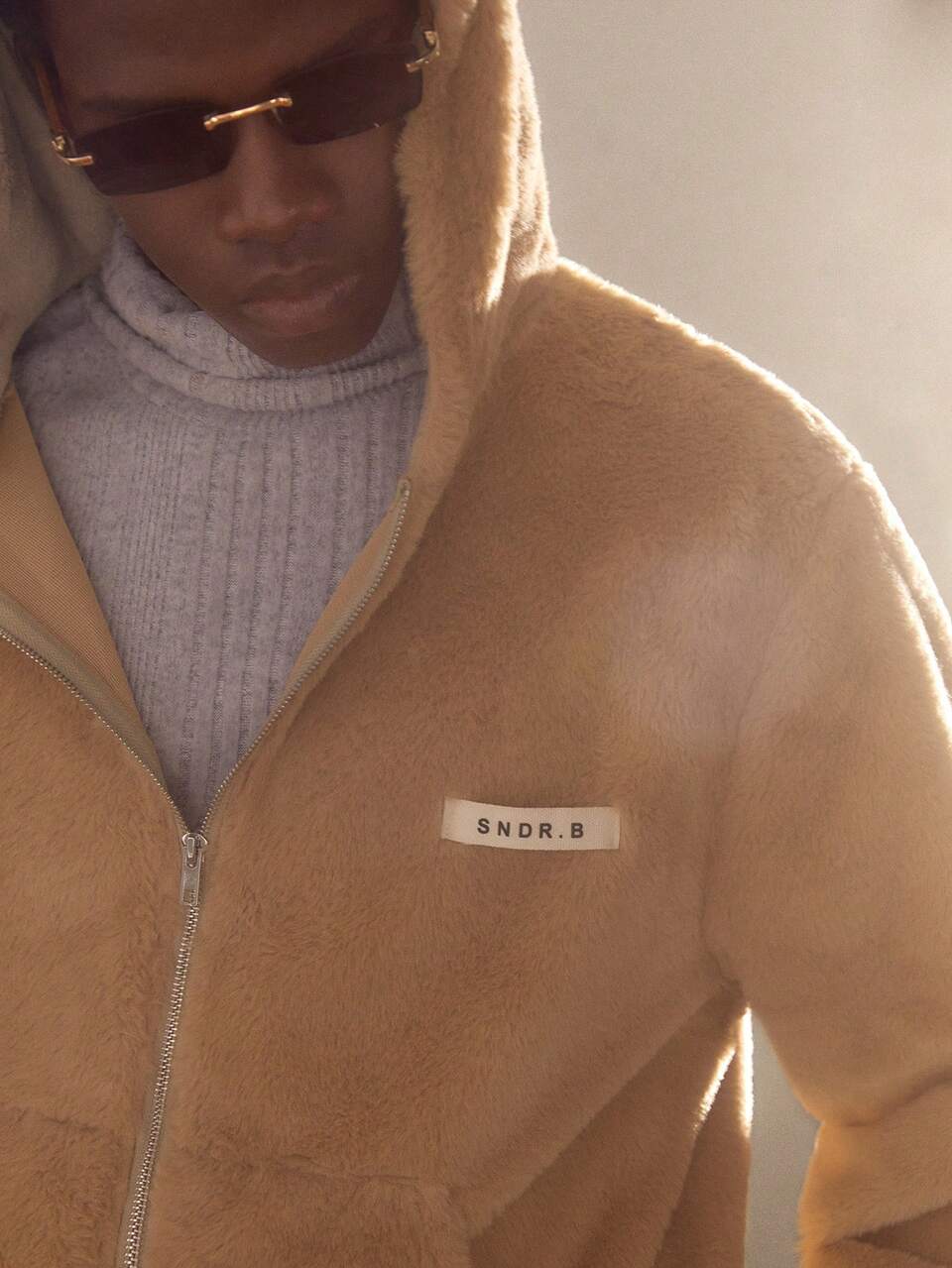 Men's Loose Knitted Raglan Long Sleeve Zip-Up Hooded Jacket,Khaki Camel,Autumn,Streetwear,Holiday,Casual Daily Wear,Letter Decor,Contrast Color Rib
