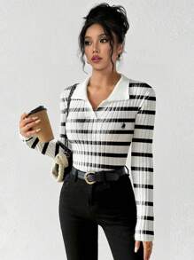 Chiquease 女士极简条纹刺绣针织毛衣上衣 秋冬款 - 黑與白 - 查看 1