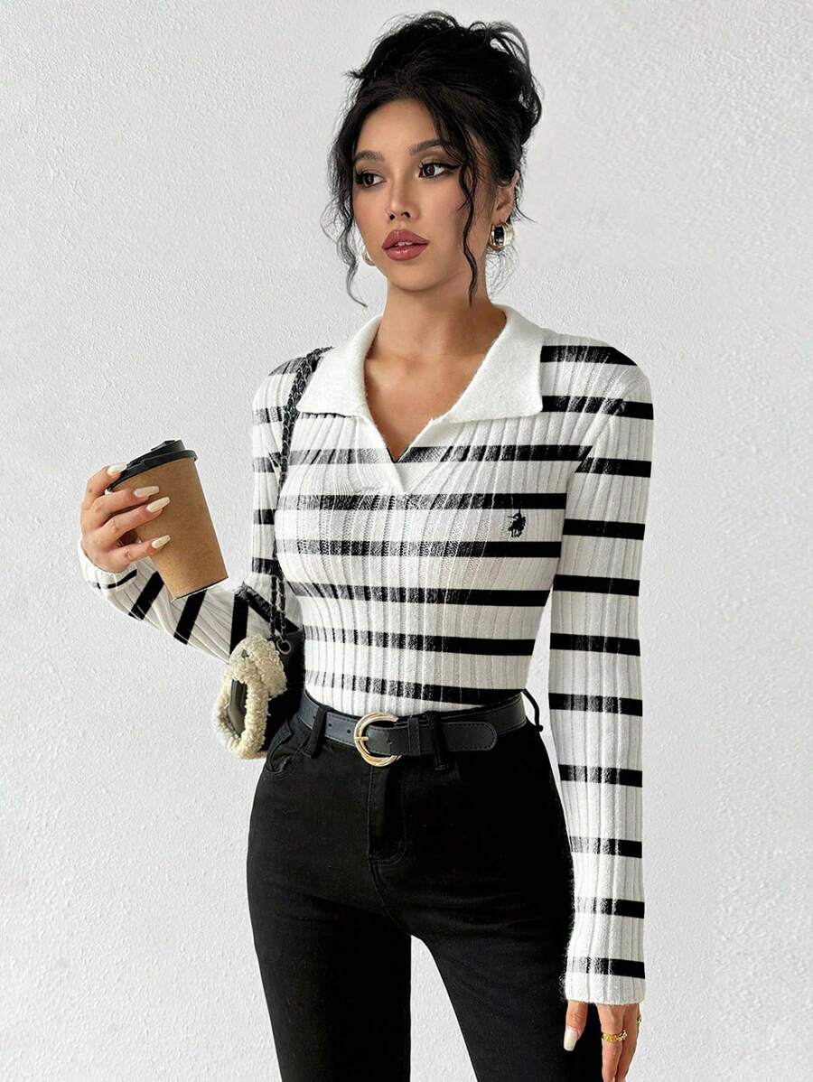 Chiquease 女士极简条纹刺绣针织毛衣上衣 秋冬款 - 黑與白 - 查看 1