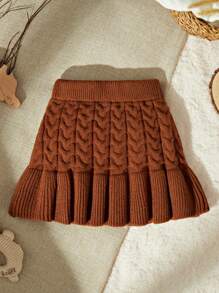 SHEIN Baby Girls Knitted Pleated Skirt, Brown & Coffee Color Elegant Versatile Everyday Stylish Dress, Suitable For Home, Outing, Travel & School - Coffee Brown - View 1