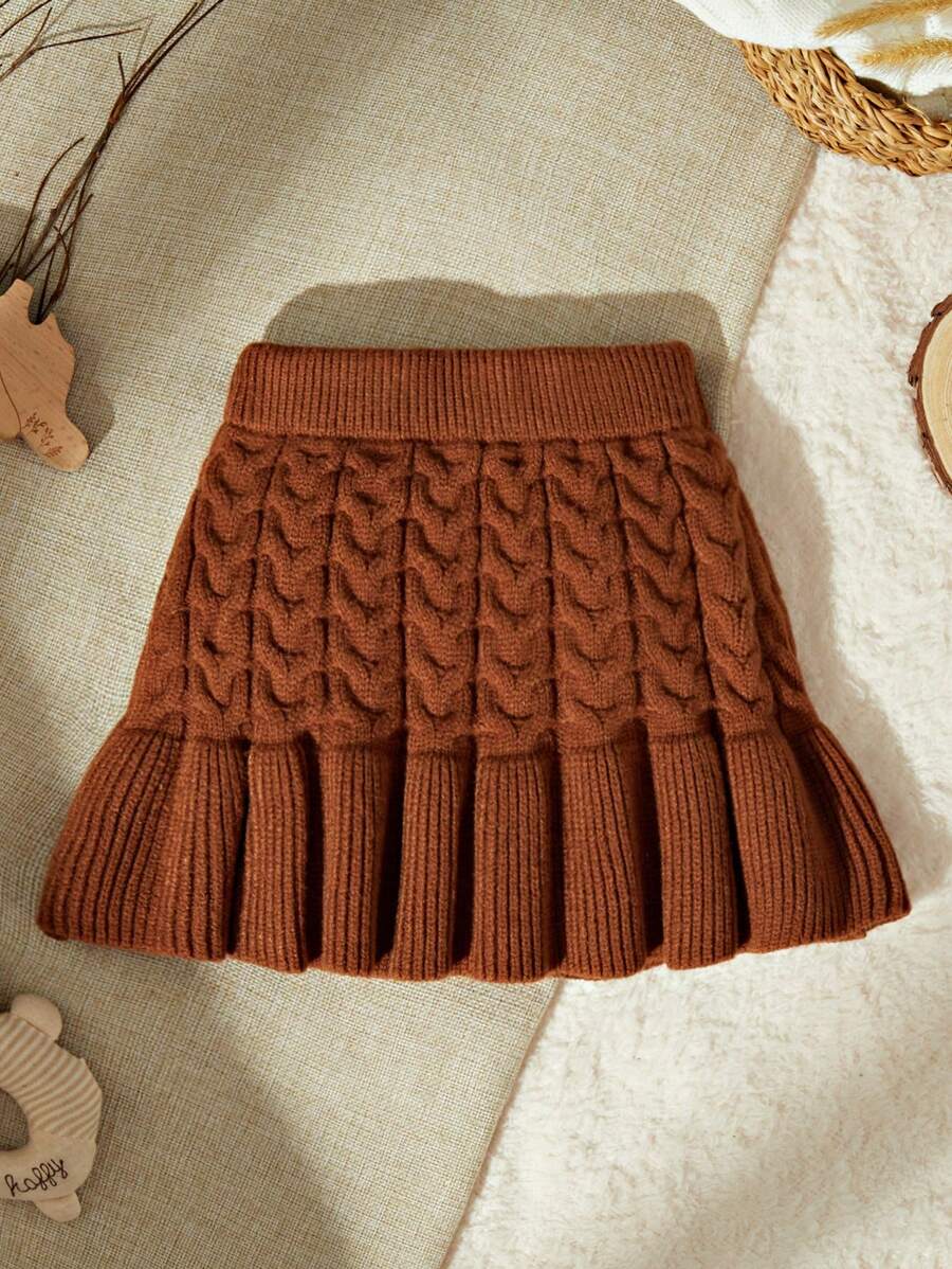 SHEIN Baby Girls Knitted Pleated Skirt, Brown & Coffee Color Elegant Versatile Everyday Stylish Dress, Suitable For Home, Outing, Travel & School - Coffee Brown - View 1