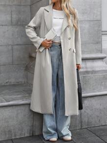 SHEIN LUNE 女式修腰长款风衣，条纹图案和双排扣设计，含衬里，秋冬季休闲 - 淺灰色 - 查看 4