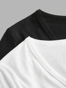 SHEIN EZwear 2pcs/Set Plus Size Women Deep V-Neck Slim Fit Casual Long Basic Long Sleeve T-Shirt Pullover Suit, Suitable For Autumn/Winter - Black and White - View 7