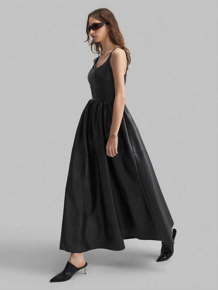 Black PU Square Neck Oversized Hem Dark Aesthetic High-End Long Party Dress, Autumn/Winter