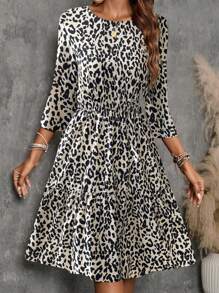 EMERY ROSE 女士豹纹圆领 3/4 袖荷叶边下摆休闲中长连衣裙 - 彩色 - 查看 5