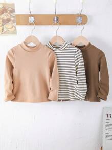 3 chiếc áo thun cổ lọ kẻ sọc giản dị cho bé trai, ấm áp và thích hợp cho thể thao, mặc hàng ngày và mặc nhiều lớp, mùa thu/đông - Nhiều màu - Xem 4