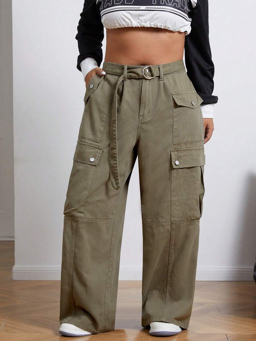 SHEIN ICON Quần Jeans Ống Rộng Túi Hộp Size Lớn Cho Nữ Thường Ngày Thoải Mái - xanh quân đội - Xem 1