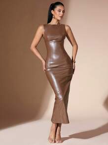 SHEIN BAE Women Sleeveless Fitted Long Dress - Brown - View 5