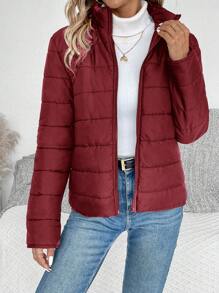 SHEIN LUNE 女士休闲纯色拉链前衬垫外套，冬季服装款式 - 酒紅色 - 查看 6