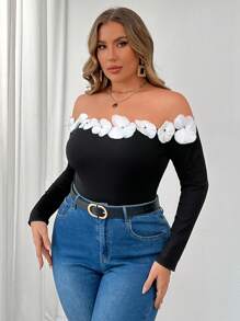 Celure Plus Size Vrouwen Elegant Colorblock Off-Shoulder Ruffle Trim Slim Rib Knit T-shirt