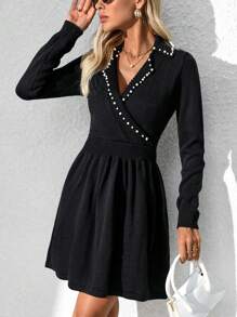 SHEIN Clasi 1 pieza Vestido de suéter de manga larga elegante con dobladillo de burbuja envuelto en cruz de un solo color - Negro - Ver 1