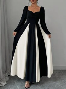 Rafferiza Robe longue femme élégante en patchwork à manches longues en contraste noir et blanc - Noir - Voir 6