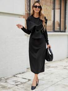 Calvaya Dames Modieuze Mesh Super Bow Ronde Hals Getailleerde Zwarte Lange Mouw Splice Design Taille Uitlopende Zoom Jurk
