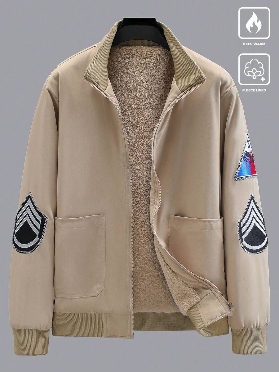 Manfinity Homme 1pc Men Winter Patch Pocket Lined Zip-Up Jacket - Khaki - View 1
