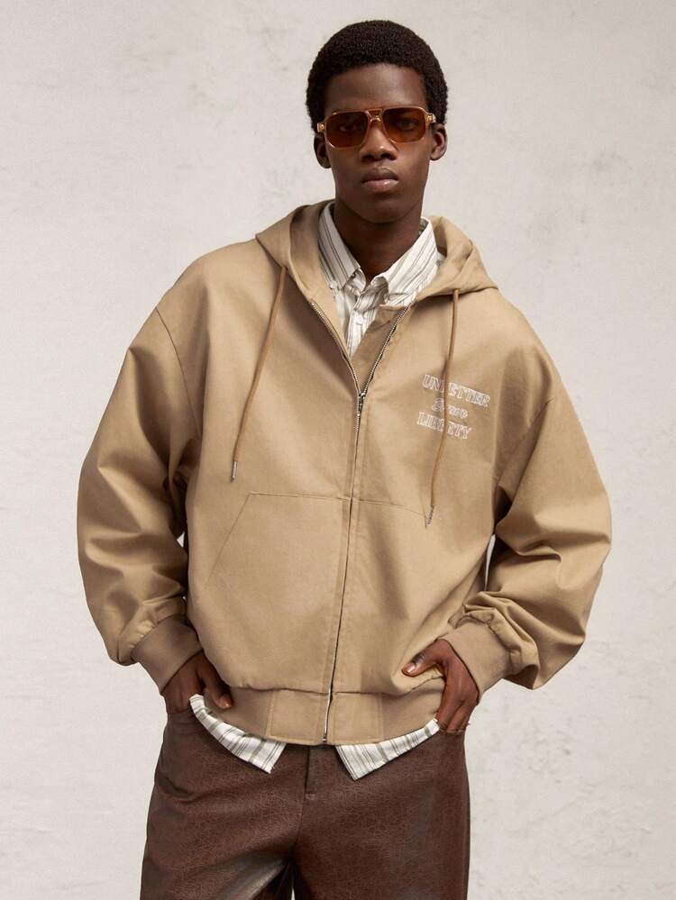 Men's Woven Slim Fit Vs Loose Drop Shoulder Hooded Cardigan Jacket, Suitable For Autumn/Winter