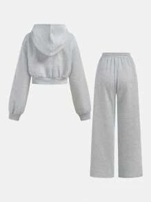 SHEIN Girlism Teen Girl Gray Hooded Two-Piece Set, Double-Zipper Jacket With Straight-Leg Loose Pants, Collegiate Style Set, Suitable For Back To School, Street Wear