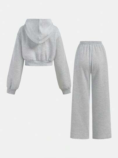 SHEIN Girlism 少女灰色连帽两件套，双拉链夹克搭配直腿宽松裤，学院风套装，适合返校、街头装
