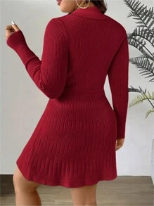 Celure Plus Size Women's Waist-Cinched Fitted Polo Collar Long Sleeve Knit Dress For New Year Clothes, For Winter - Red - View 2
