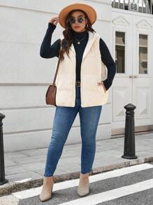 SHEIN LUNE Plus Size Vest Padded Coat With Hooded And Pockets, Warm And Thickened Winter Coat New Years Holiday Thermal - Apricot - View 6