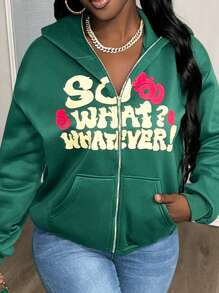 Slaydiva 2024 Autumn Winter New Fashion Casual Street Wear Sporty Classic Big Letter Slogan Women's Hooded Sweatshirt Jacket - Green - View 2