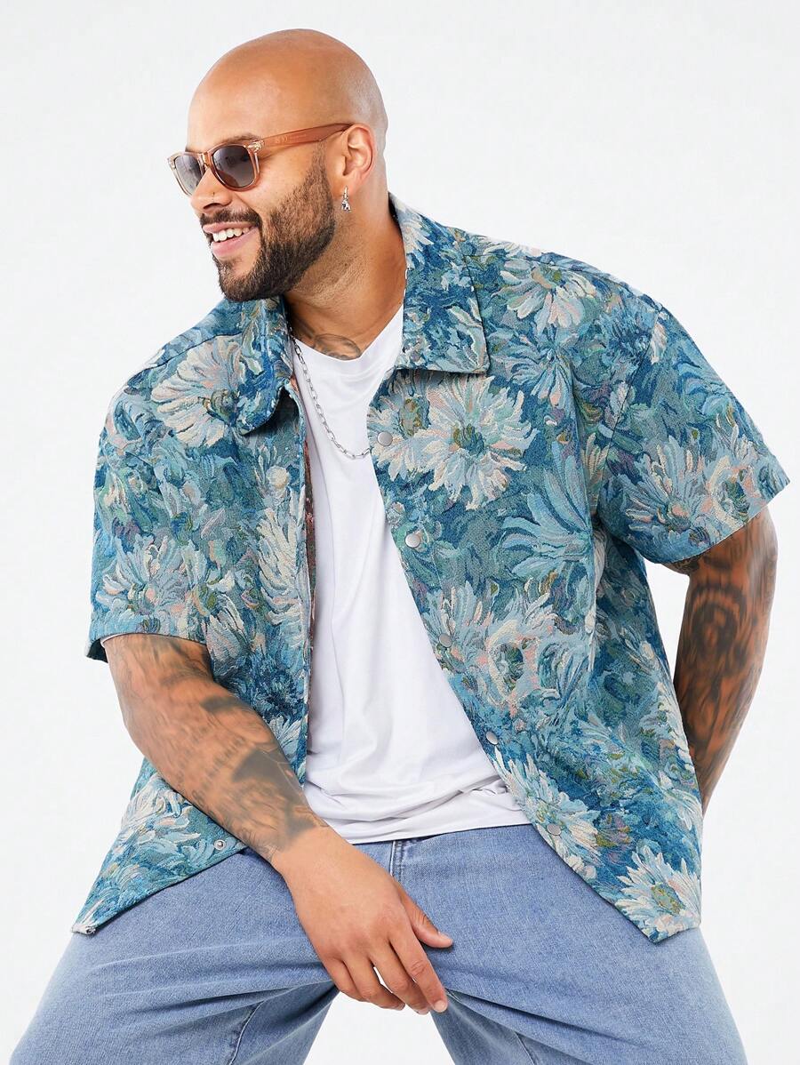 Manfinity VCAY Áo sơ mi nam tay ngắn họa tiết hoa màu xanh dệt khối màu rộng rãi, thường ngày, dành cho đi chơi - Màu xanh lam - Xem 1