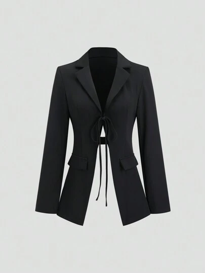 Sweetra Women's Solid Color Front Tie Long Sleeve Fake Pocket Minimalist Casual Blazer Fall Cloth For Women