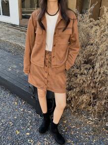 INAWLY 2 件女式仿麂皮纯色保暖内衬长袖夹克和纽扣半襟裙套装，秋冬 - 卡其色 - 查看 7