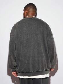 Manfinity VCAY Plus Size Men's Loose Fit Letter & Acid-Washed Crewneck Long Sleeve Sweatshirt - Black - View 3