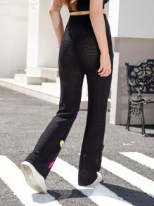 INAWLY Women's Front Tie Floral Embroidered Casual Pants - Black - View 4